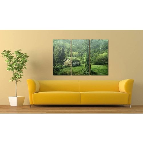 Schilderij - Bos Ecosysteem, Groen, 3luik , premium print op echt Italiaans canvas, Wanddecoratie, voor slaapkamer en woonkamer