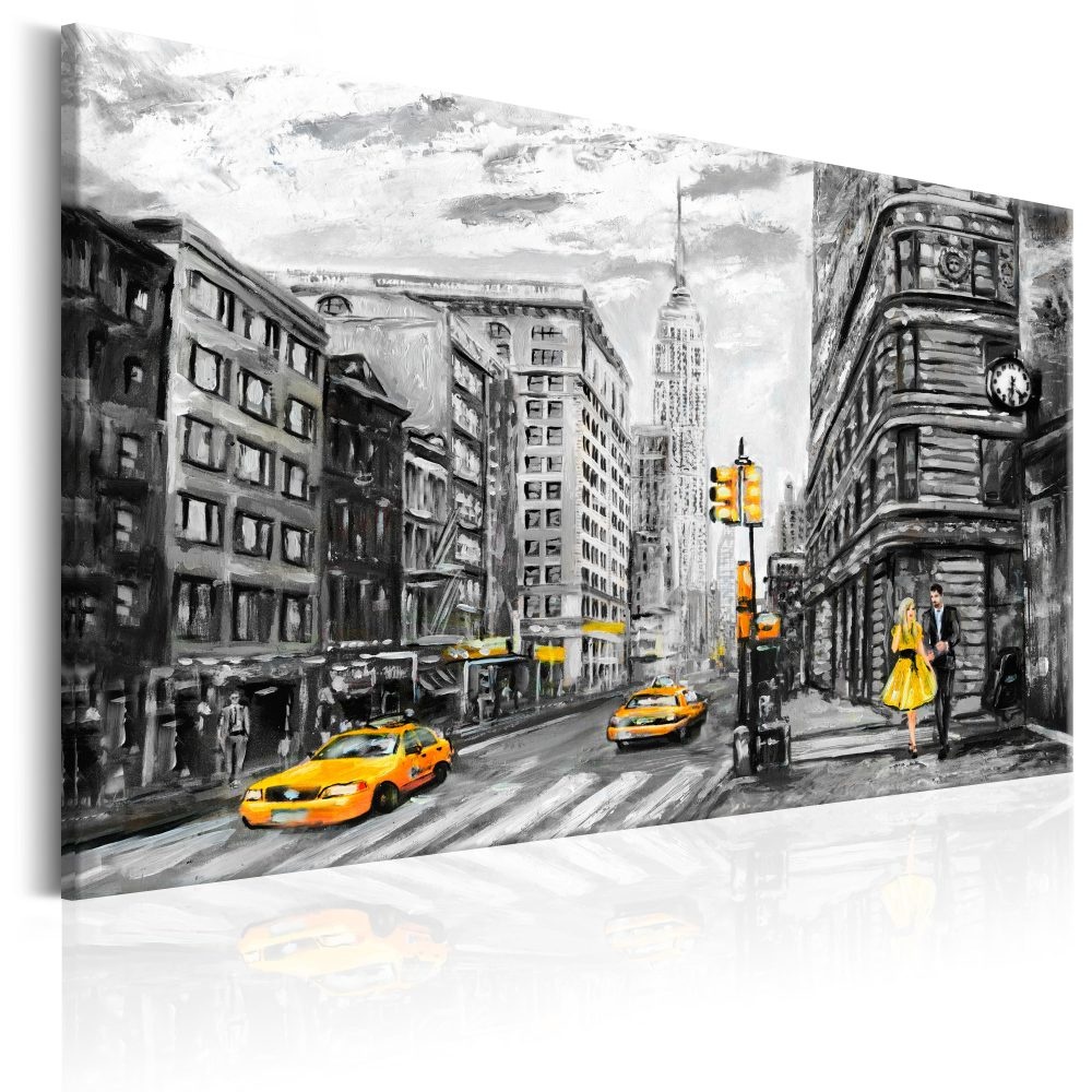 Schilderij - Wandeling in New York City USA naast een Gele Taxi, 3 maten, print op echt Italiaans ca