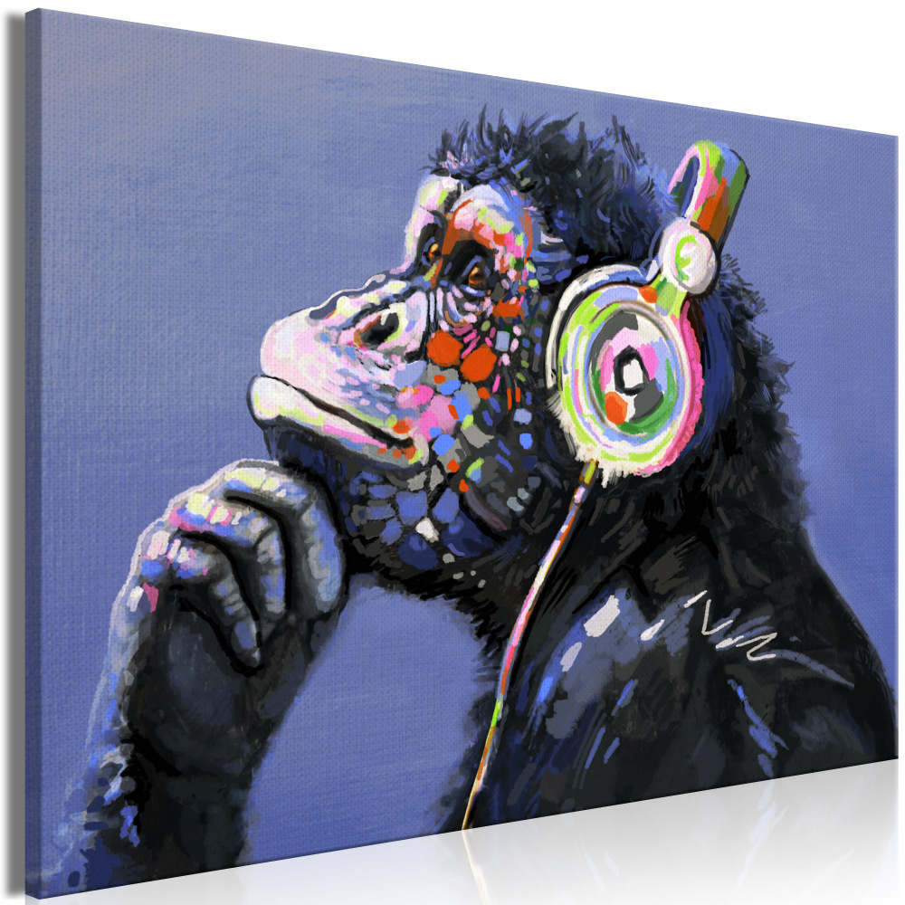 Schilderij - Muzikale Chimpansee, 90x60cm, print op echt Italiaans canvas, Humor in huis, wanddecoratie