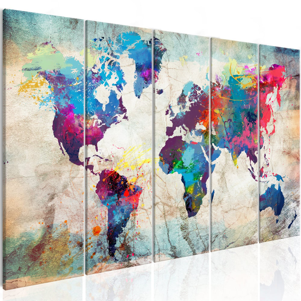 Schilderij - Wereldkaart , Wereld op Steen , Steenlook , 5 luik, Premium print op echt Italiaans can