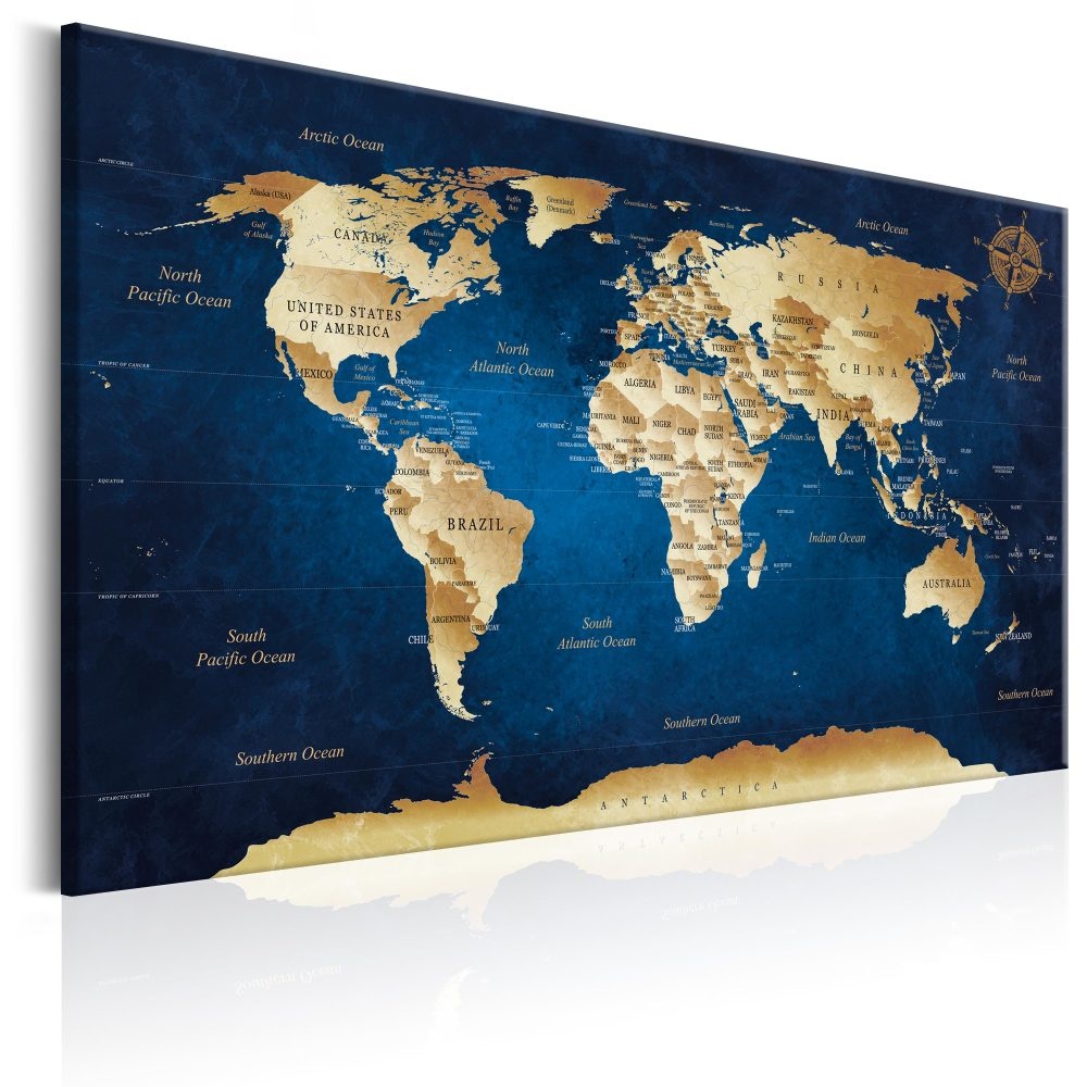 Schilderij - Wereldkaart , Donkerblauwe Dieptes , blauw geel , 3 maten, print op echt Italiaans canv