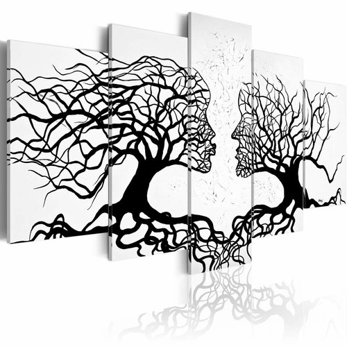 Schilderij - Kus van de wind , zwart wit , boom , hoofd , 5 luik, print op echt Italiaans canvas, Wanddecoratie, Abstract, liefde