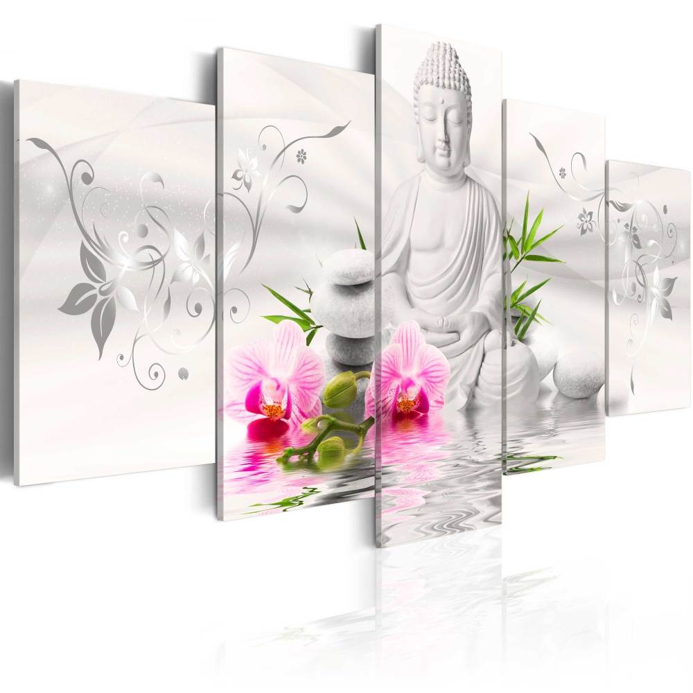 Schilderij - Witte Zen boeddha met orchideeen , 5 luik, print op echt Italiaans canvas, wanddecorati