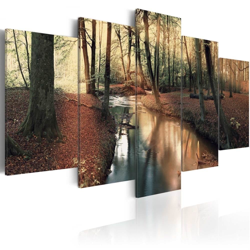 Schilderij - Herfst bos , 5 luik , print op echt Italiaans canvas, Natuur, wanddecoratie