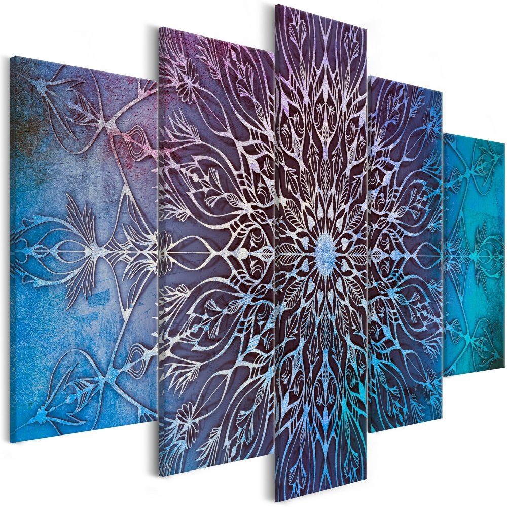 Schilderij - Hemelse Mandala , 5 luik, roze en blauw, print op echt Italiaans canvas, UV bestendig, wanddecoratie