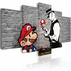 Schilderij - Super Mario Mushroom Cop - Banksy, Zwart-Wit/Rood,   5luik, print op echt Italiaans canvas, 1 van zijn/haar bekendste werken