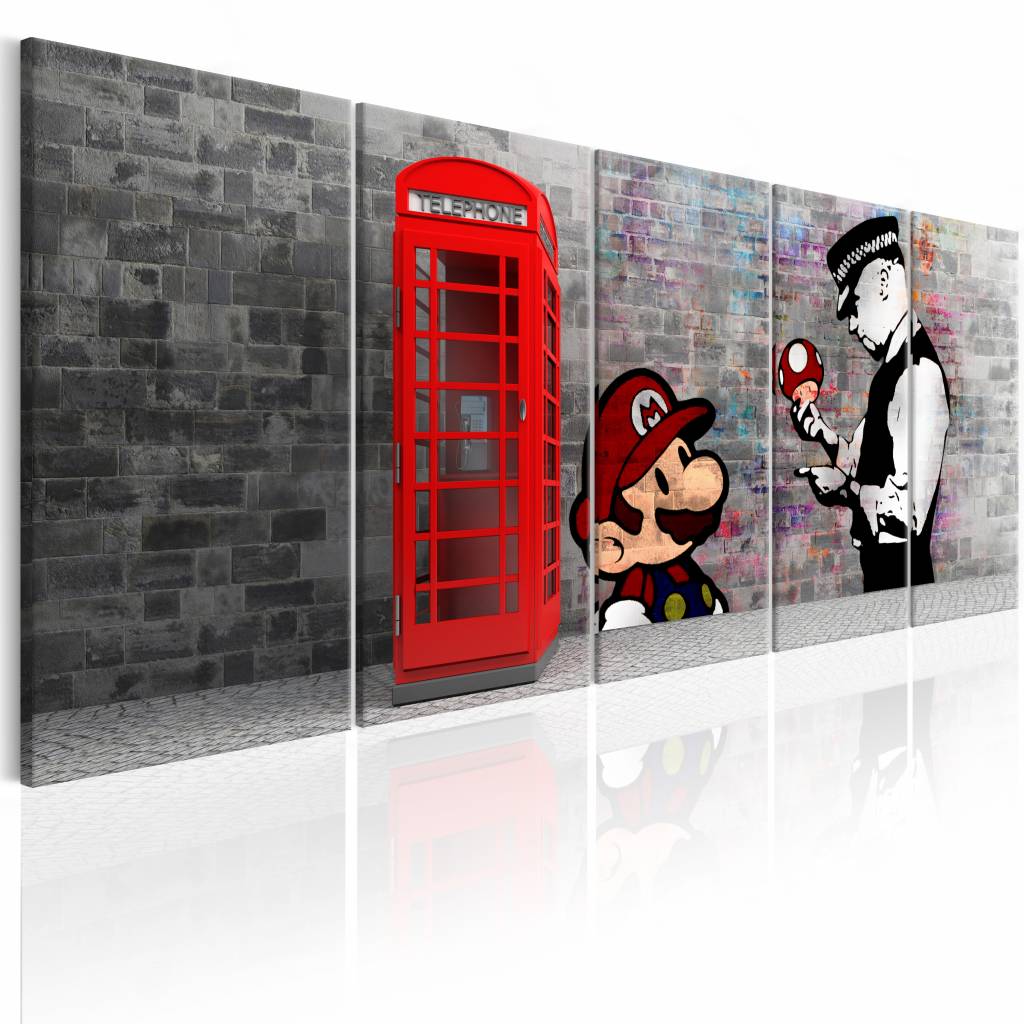 Schilderij - Graffiti op steen - Banksy , mario bros , rode telefoon , 5 luik, premium print op echt Italiaans canvas, wanddecoratie