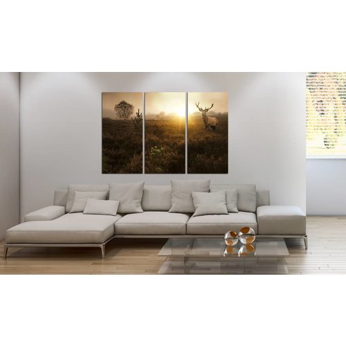 Schilderij - Hert in de Ochtend  , bruin , 3 luik, premium print op echt Italiaans canvas, dieren, natuur