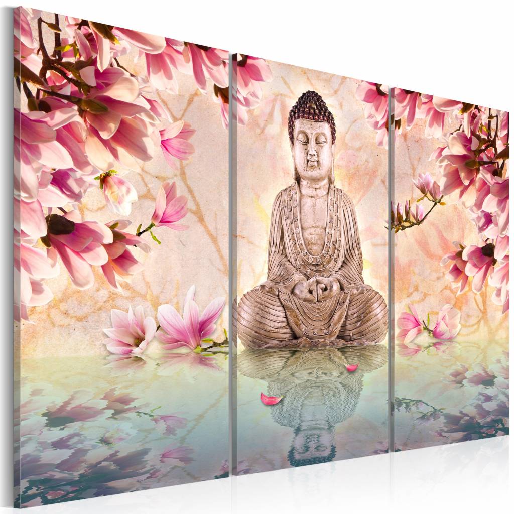 Schilderij - Boeddha - Meditatie, Roze/Beige, 3luik , premium print op echt Italiaans canvas, Inspir