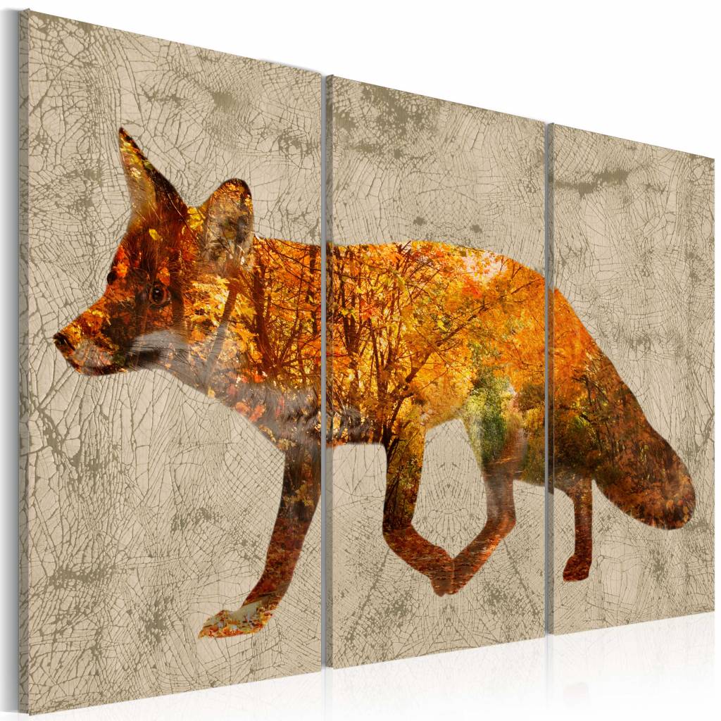 Schilderij - Vos, oranje/bruin, print op echt Italiaans canvas, wanddecoratie, 3luik, dieren