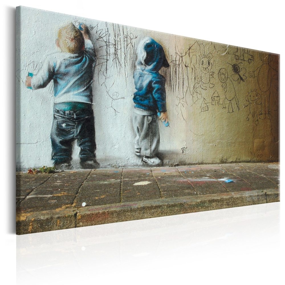 Schilderij - Jonge Artiesten , kinderen, Banksy, Street art, print op echt Italiaans canvas, mensen