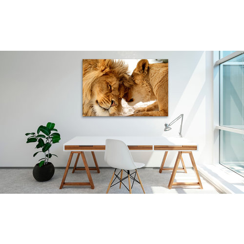 Schilderij - leeuwen liefde in kleur, print op echt Italiaans canvas, 3 maten, bruin, eyecatcher in de woning