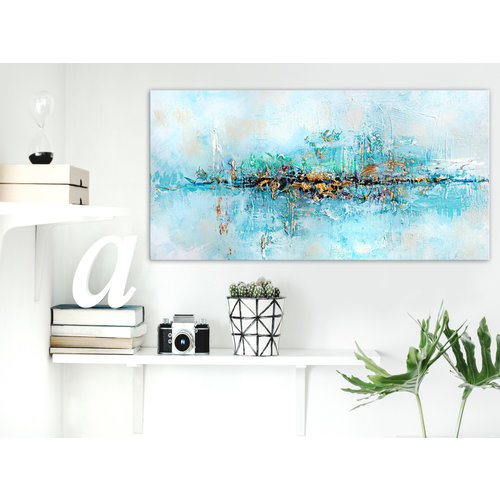 Schilderij - Lagoon , abstract blauw, print op echt Italiaans canvas, voor woonkamer en slaapkamer, eyecatcher aan de wand