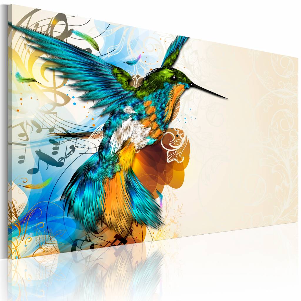 Schilderij - Vogels Muziek, print op echt Italiaans canvas, wanddecoratie, 1luik , multikleur,
