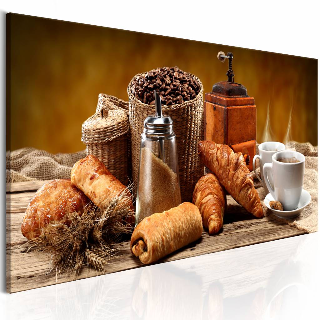 Schilderij - Perfecte ochtend, ontbijt, koffie, 1 luik, Multikleur, 3 maten, Premium print op echt Italiaans canvas, keuken