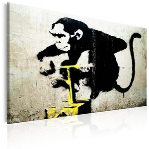 Schilderij - Monkey Detonator , Banksy, Aap met ontsteker, print op echt Italiaans canvas, in 3 maten, zwart/geel/grijs