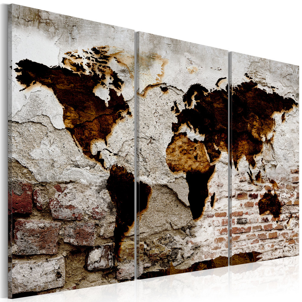 Schilderij - Wereldkaart op baksteen , baksteenlook , 3 luik, print op echt Italiaans canvas, 2 maten, wanddecoratie