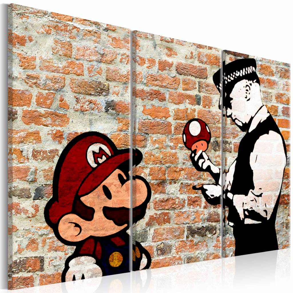 Schilderij - Gevangen Mario - Banksy , mario bros , 3 luik , baksteen muur, print op echt Italiaans canvas, 2 maten