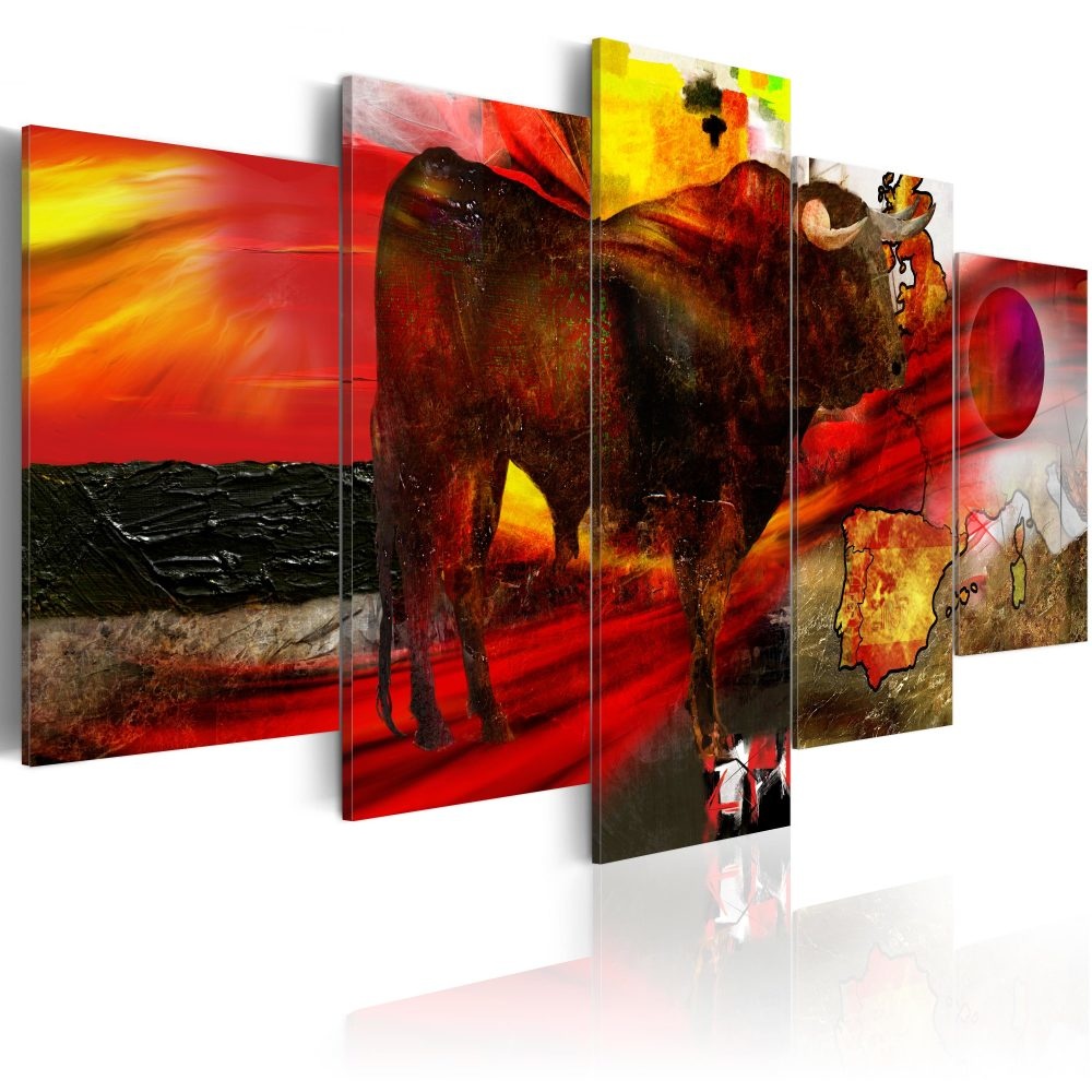 Schilderij - Spaans temperament, stier, 5 luik, rood, print op echt Italiaans canvas, in 2 maten, wanddecoratie