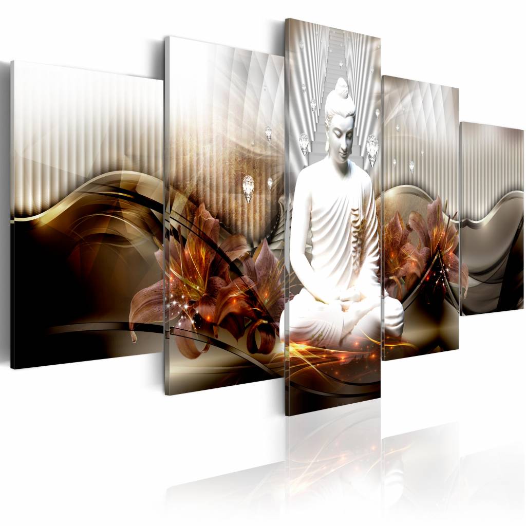 Schilderij - Kalmte van Crystal , boeddha , wit bruin , 5 luik, print op echt Italiaans canvas, Inspirerend, wanddecoratie