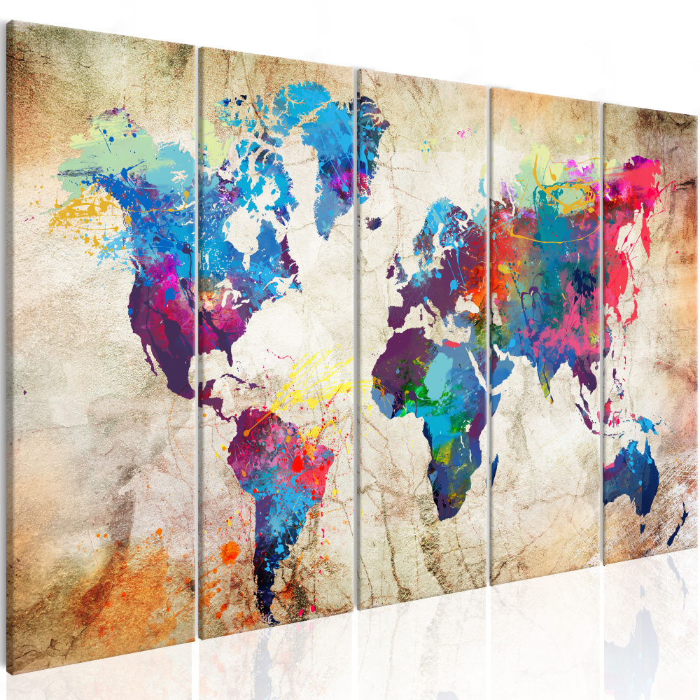Schilderij - Wereldkaart , Gekleurde Wereld II, 5 luik, print op echt Italiaans canvas, ook in XXL, wanddecoratie, 2 maten