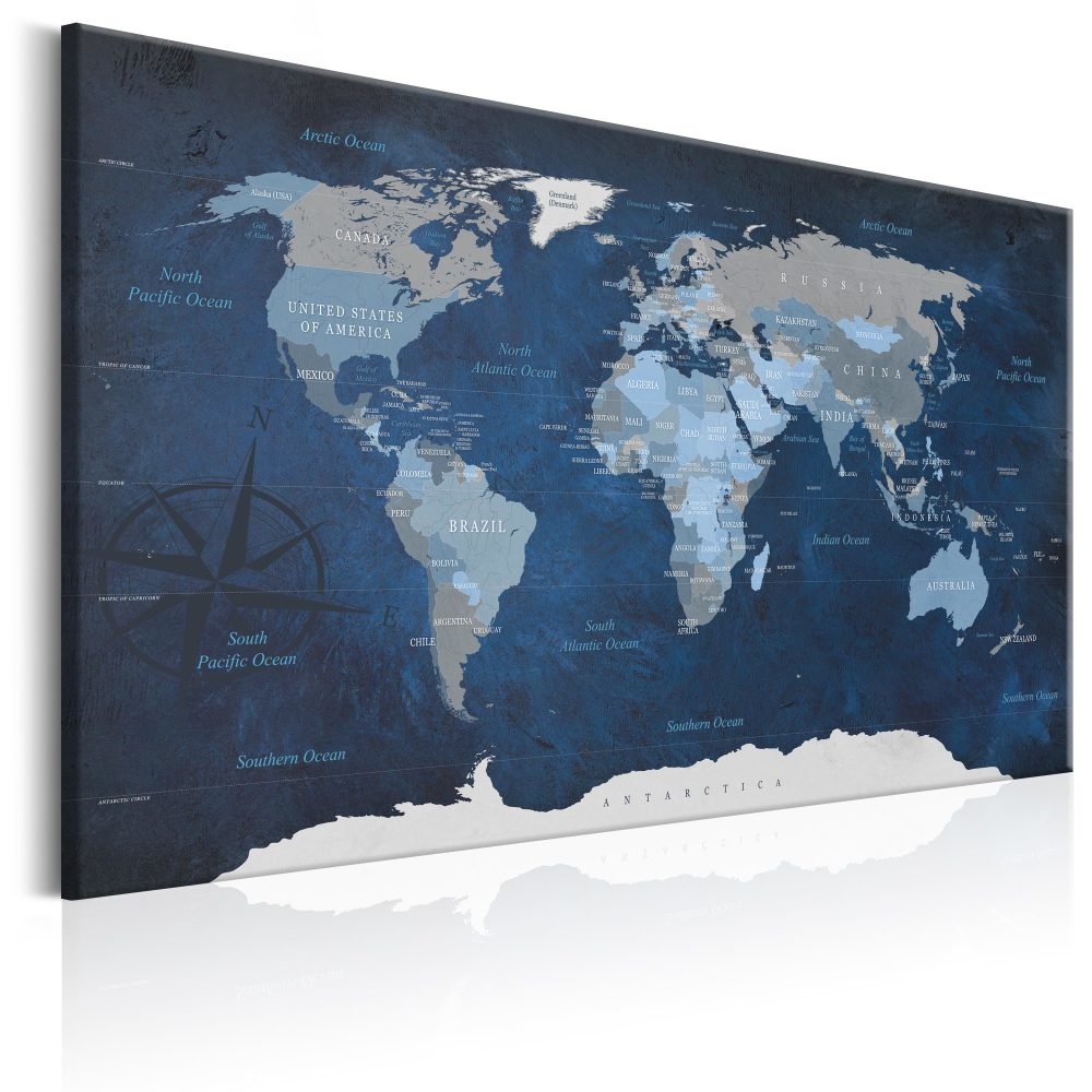 Schilderij - Wereldkaart , Donkerblauwe Wereld , print op echt Italiaans canvas, 2 maten, prachtige wanddecoratie