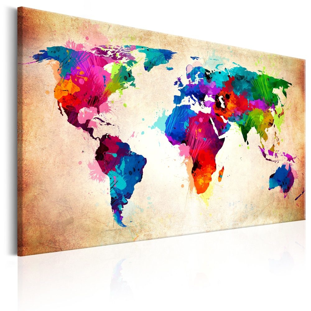 Schilderij - Wereldkaart , kleurrijke Wereld, print op echt Italiaans canvas, in 3 maten, prachtig i