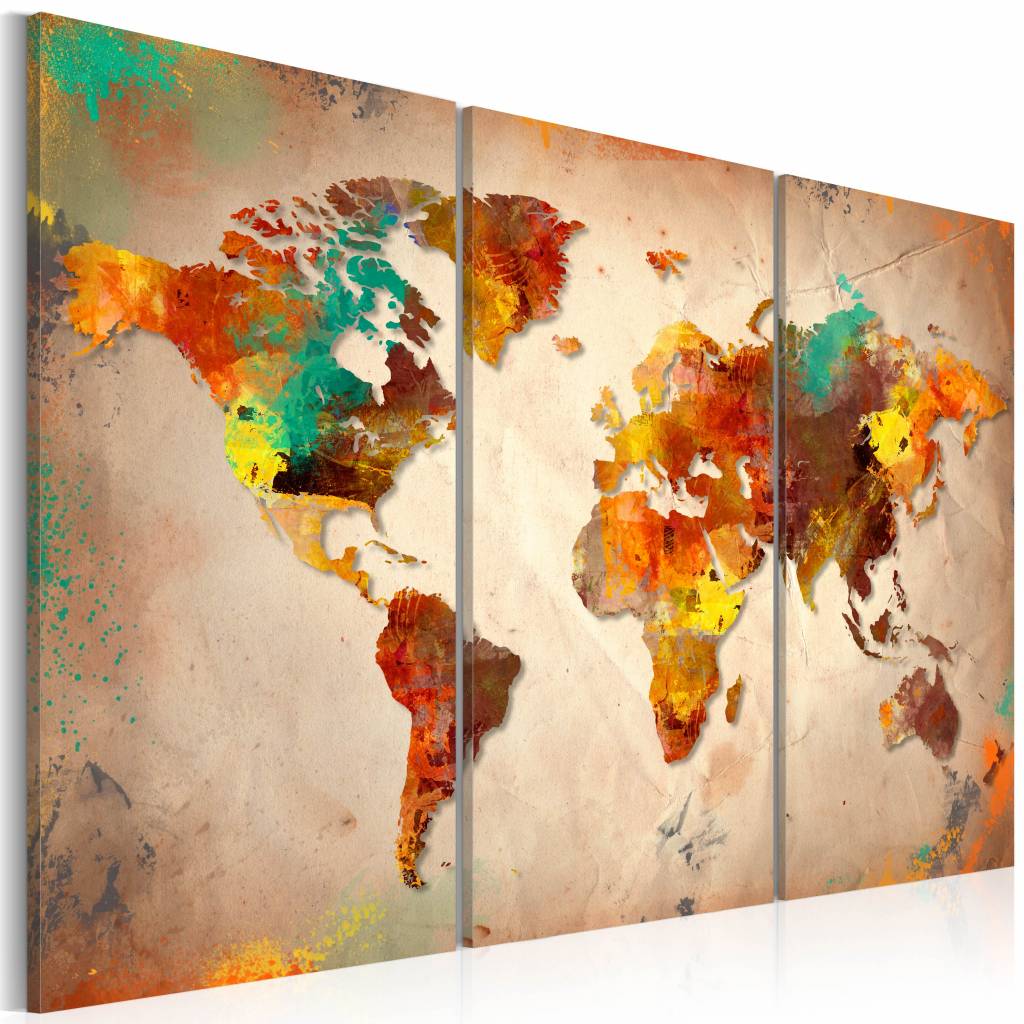 Schilderij - Wereldkaart - Geschilderde Wereld II, 3luik , multikleur , wanddecoratie , premium print op echt Italiaans canvas, wanddecoratie, in 3 maten, Prachtige wereldkaart
