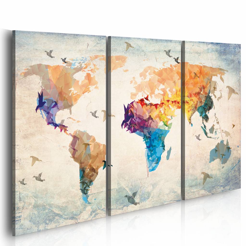Schilderij - Wereldkaart - Vrij als een vogel, 3luik , multikleur , wanddecoratie , premium print op echt Italiaans canvas