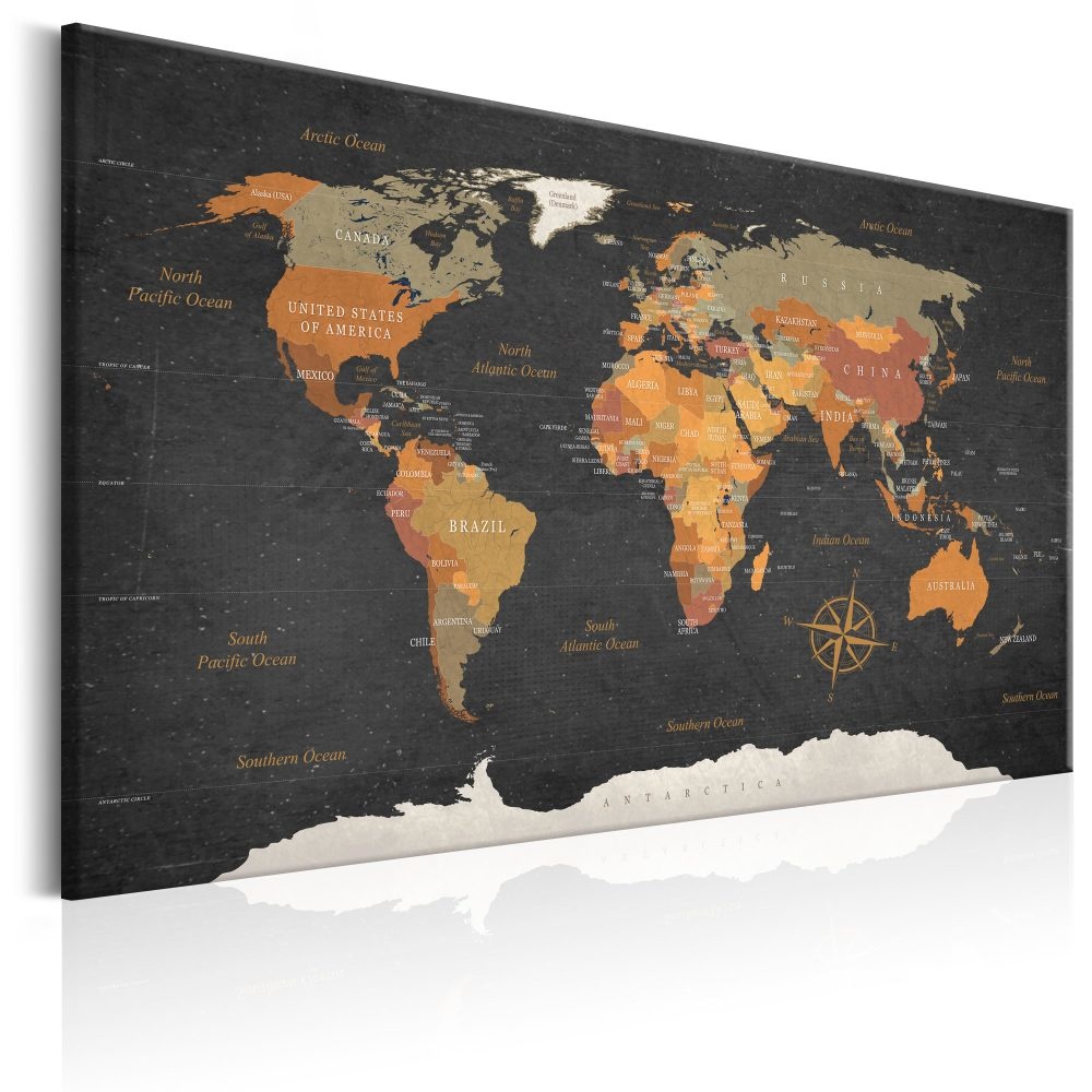 Schilderij - Wereldkaart , Geheimen van de Wereld , donkere kaart, print op echt Italiaans canvas, p