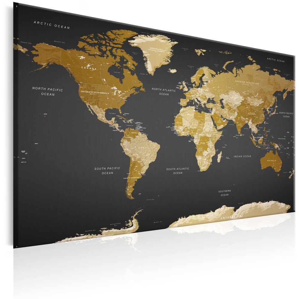 Schilderij - Wereldkaart , Landen in Bruintinten, print op echt Italiaans canvas, donkere wereldkaart, wanddecoratie