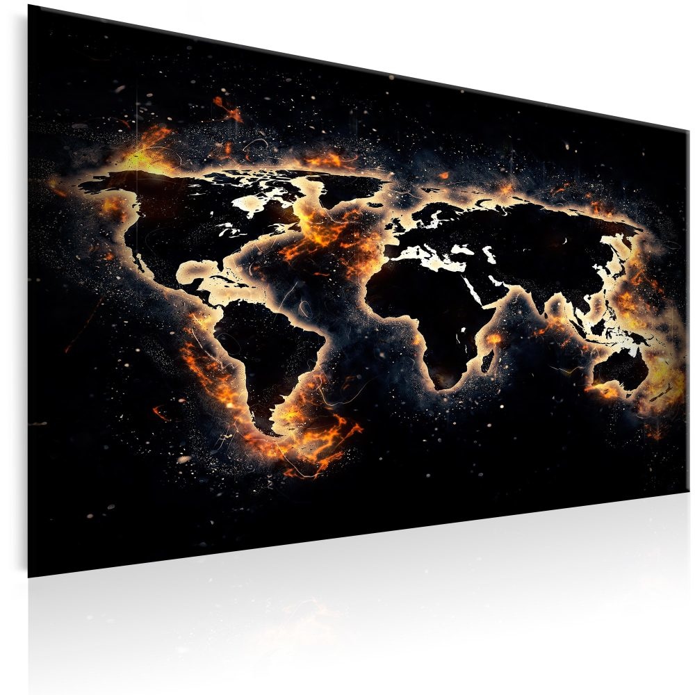 Schilderij - Wereldkaart , Vurige Wereld, zwart/rood, de wereld in brand, print op echt Italiaans canvas, 3 maten, wanddecoratie