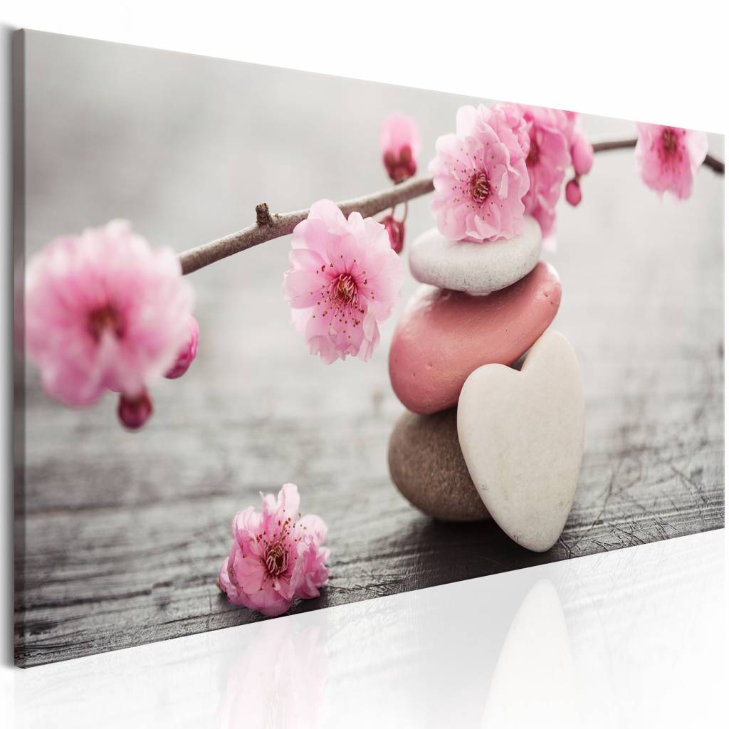 Schilderij - Stenen en bloemen , grijs roze , print op echt Italiaans canvas, in 2 maten, voor woonk