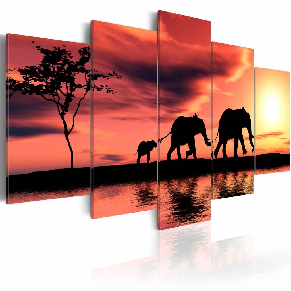 Schilderij - Olifanten in Afrika, oranje/geel, 5luik, wanddecoratie - Copy