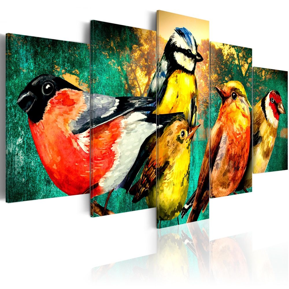Schilderij - Kleurrijke bijeenkomst van Vogels , 5 luik - Copy
