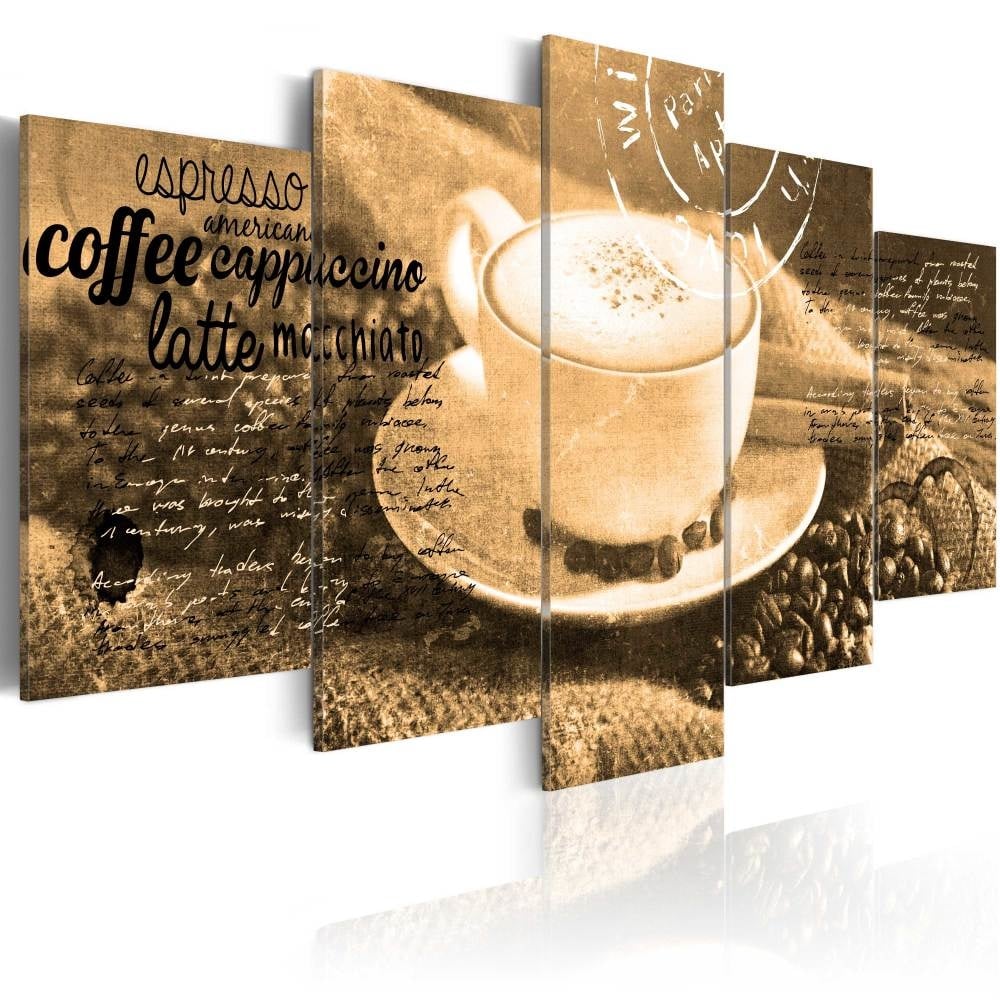 Schilderij - Coffee, Espresso, Cappuccino, Latte machiato ... - sepia , 5 luik - Copy