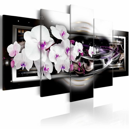 Schilderij - Orchidee op een zwarte achtergrond , wit zwart , 5 luik, print op echt Italiaans canvas, sieraad aan de muur, 2 maten