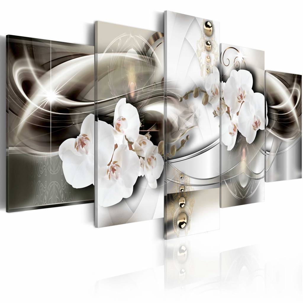 Schilderij - Orchidee in volle pracht , wit zilver look , 5 luik - Copy