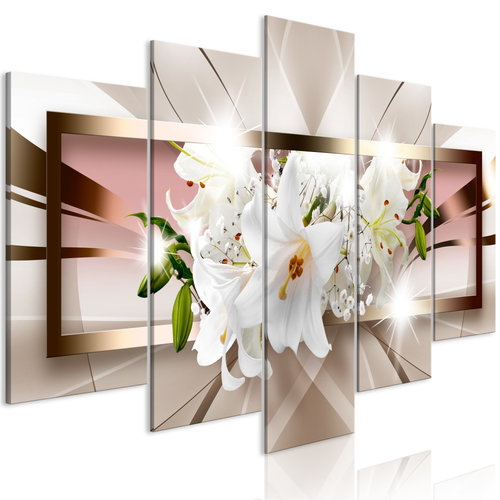 Schilderij - Orchidee uit het kader II, 5 luik, print op echt Italiaans canvas, 2 maten, wanddecoratie, lichte kleuren