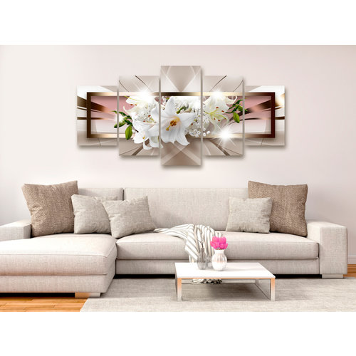 Schilderij - Orchidee uit het kader II, 5 luik, print op echt Italiaans canvas, 2 maten, wanddecoratie, lichte kleuren