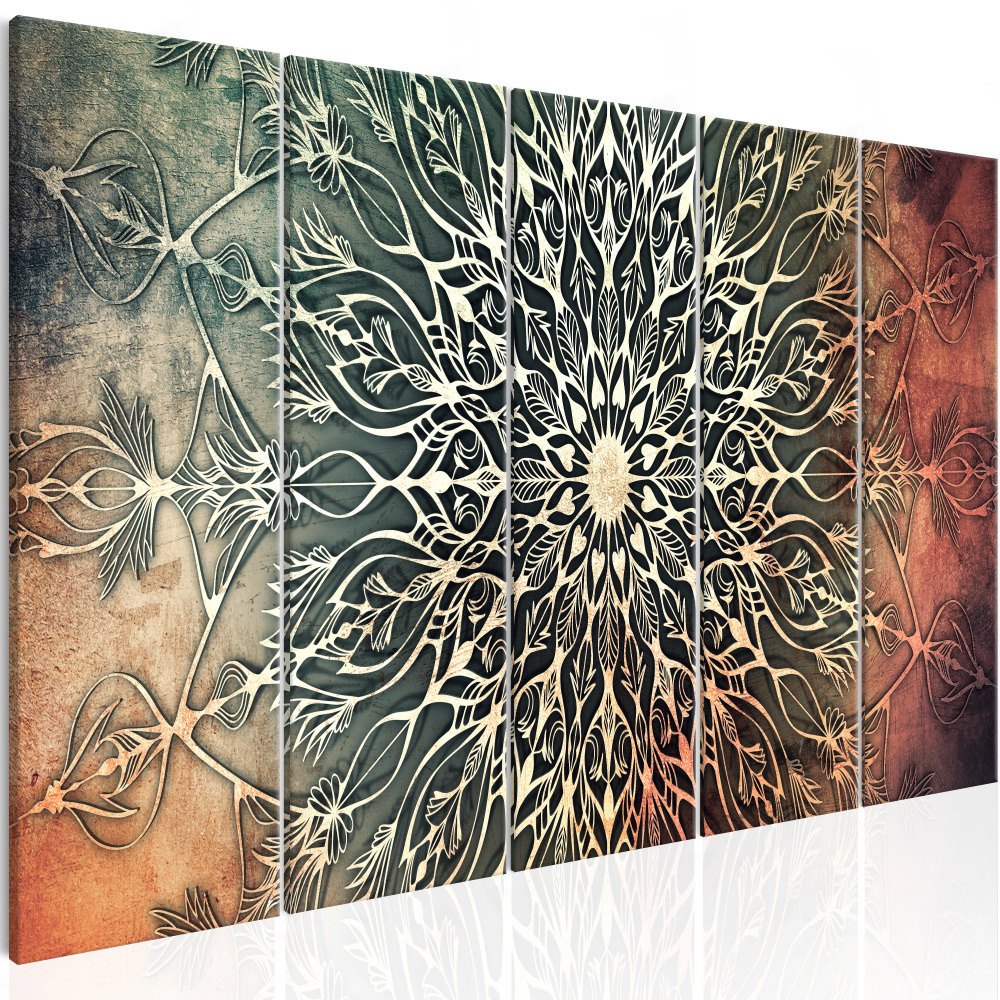 Schilderij - Herfst Mandala II , 5 luik, print op echt Italiaans canvas, wanddecoratie , sieraad aan de muur, XXL