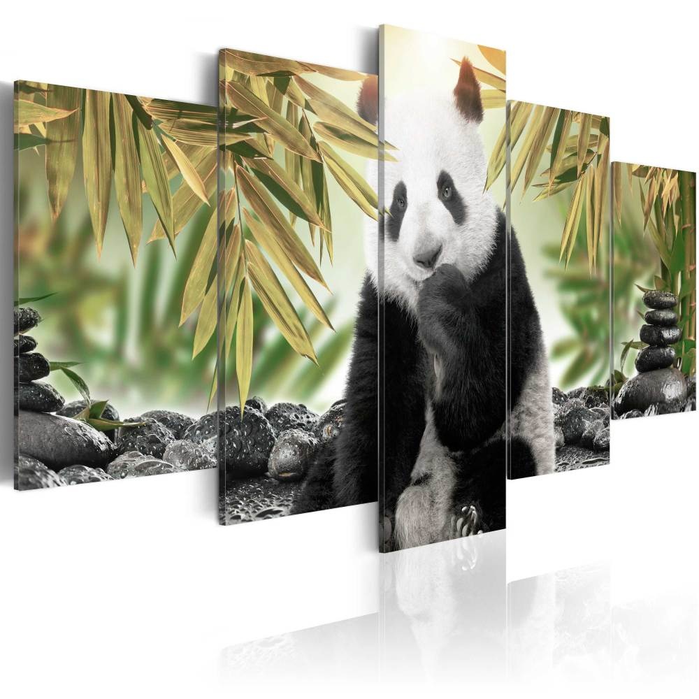 Schilderij - Schattige panda beer, 5 luik, print op echt Italiaans canvas, dieren, Natuur, wanddecoratie