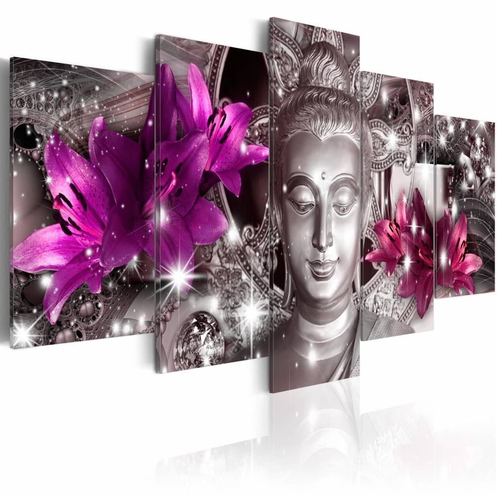 Schilderij - Zen of Glitter , boeddha , paars grijs , 5 luik, print op echt Italiaans canvas, wanddecoratie