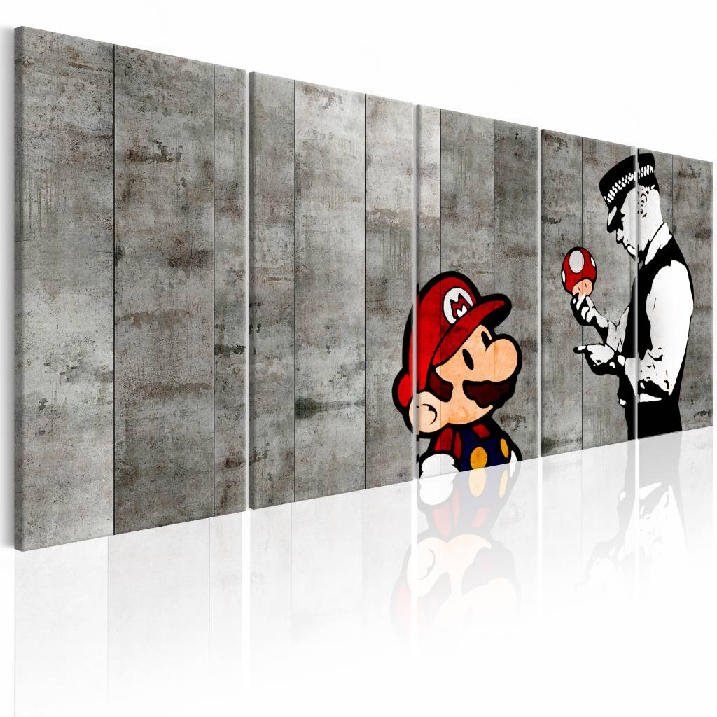 Schilderij - Graffiti op Beton - Banksy , mario bros , grijs , politie , 5 luik, print op echt Italiaans canvas, wanddecoratie