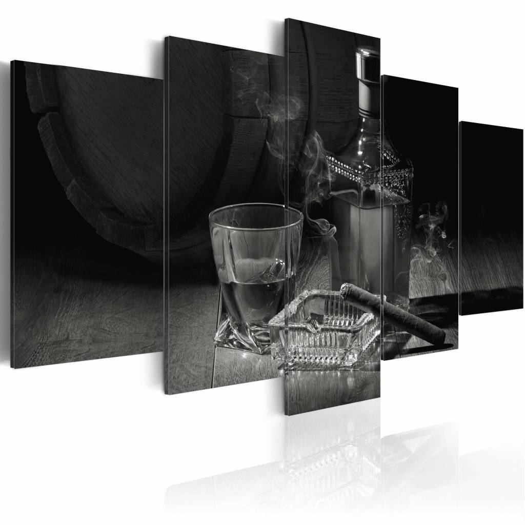 Schilderij - Mannen avond Zwart-Wit , whisky en sigaar , 5 luik, print op echt Italiaans canvas, wan