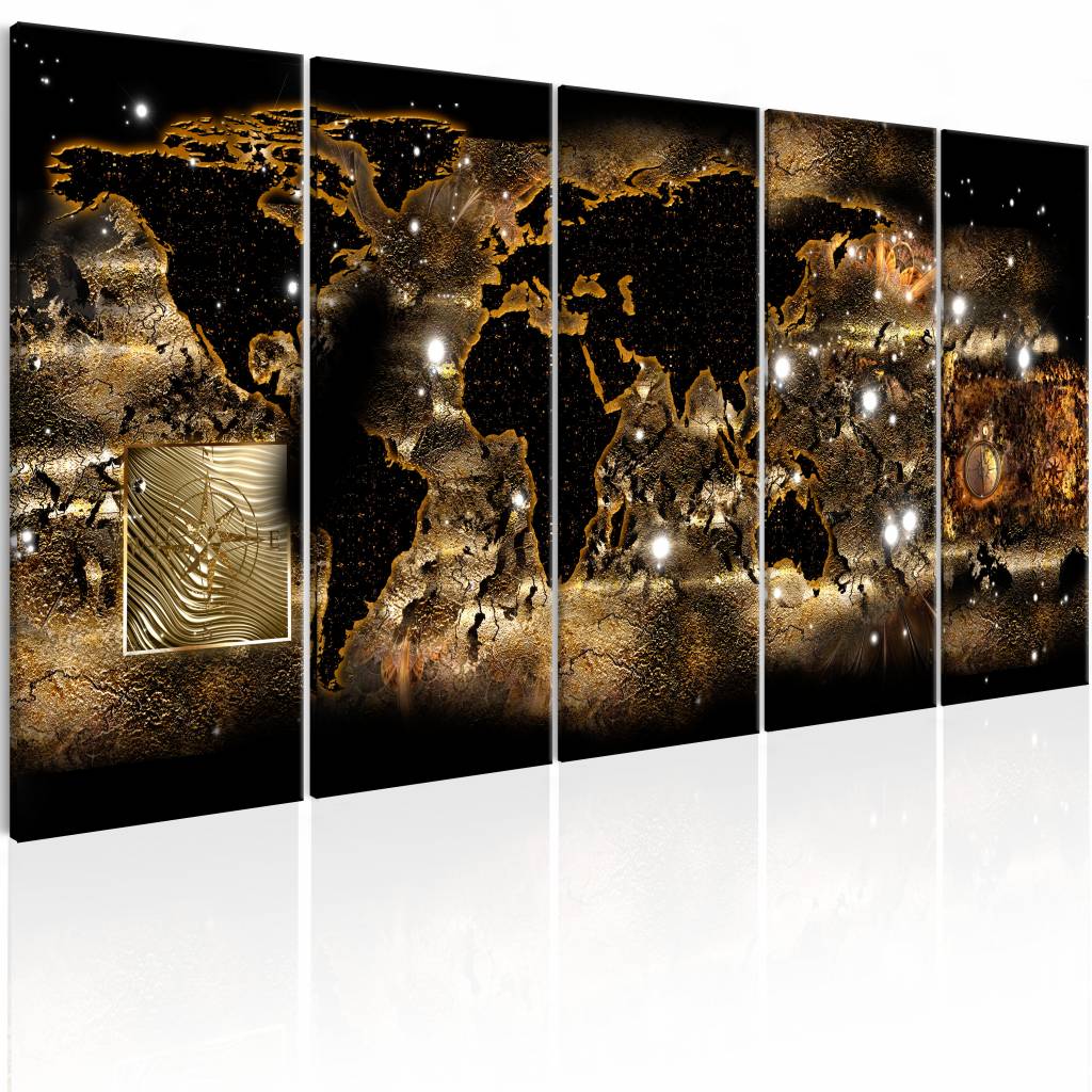Schilderij - Wereld in de Nacht - Wereldkaart , zwart bruin , 5 luik, print op echt Italiaans canvas, in XXL, sieraad voor aan de muur, wanddecoratie