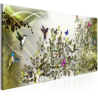 Schilderij - Dans van de Kolibrie ,Groen, print op echt Italiaans canvas, wanddecoratie, 3 maten, abstract