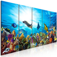 Schilderij - Koraalrif, vissen, 5 luik 225x90cm, print op echt Italiaans canvas, wanddecoratie, onderwater, dieren