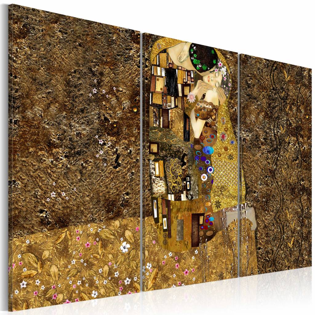 Schilderij - Klimt Inspiratie - Kus, wanddecoratie, beige bruin , print op echt Italiaans canvas , 2
