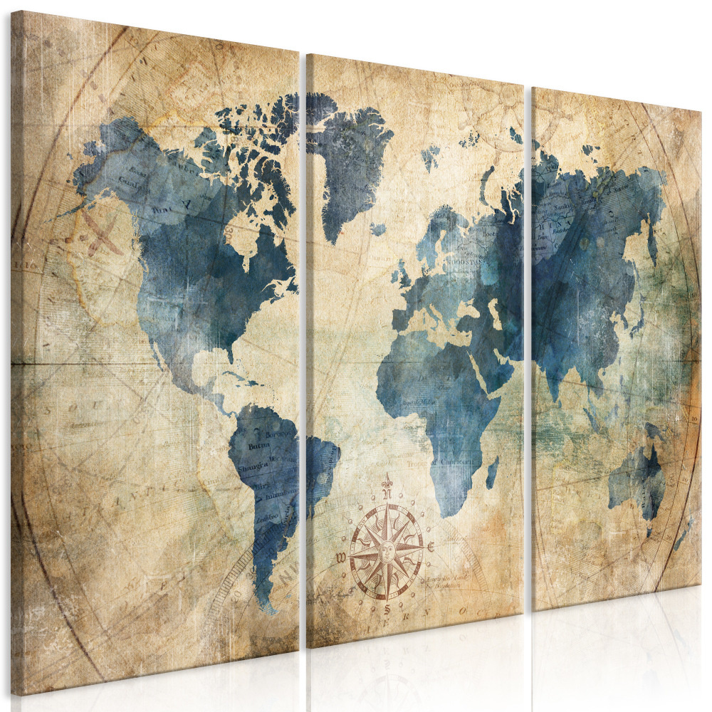Schilderij - Retro map, wereldkaart, 3 delen, print op echt Italiaans canvas, in 2 maten, wanddecoratie, voor woonkamer en slaapkamer